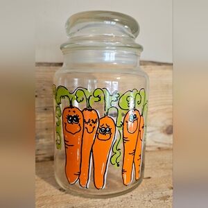 Vintage Hildi Anthromorphic Happy Carrots Glass Jar with Lid 4 Candy Or Kitchen